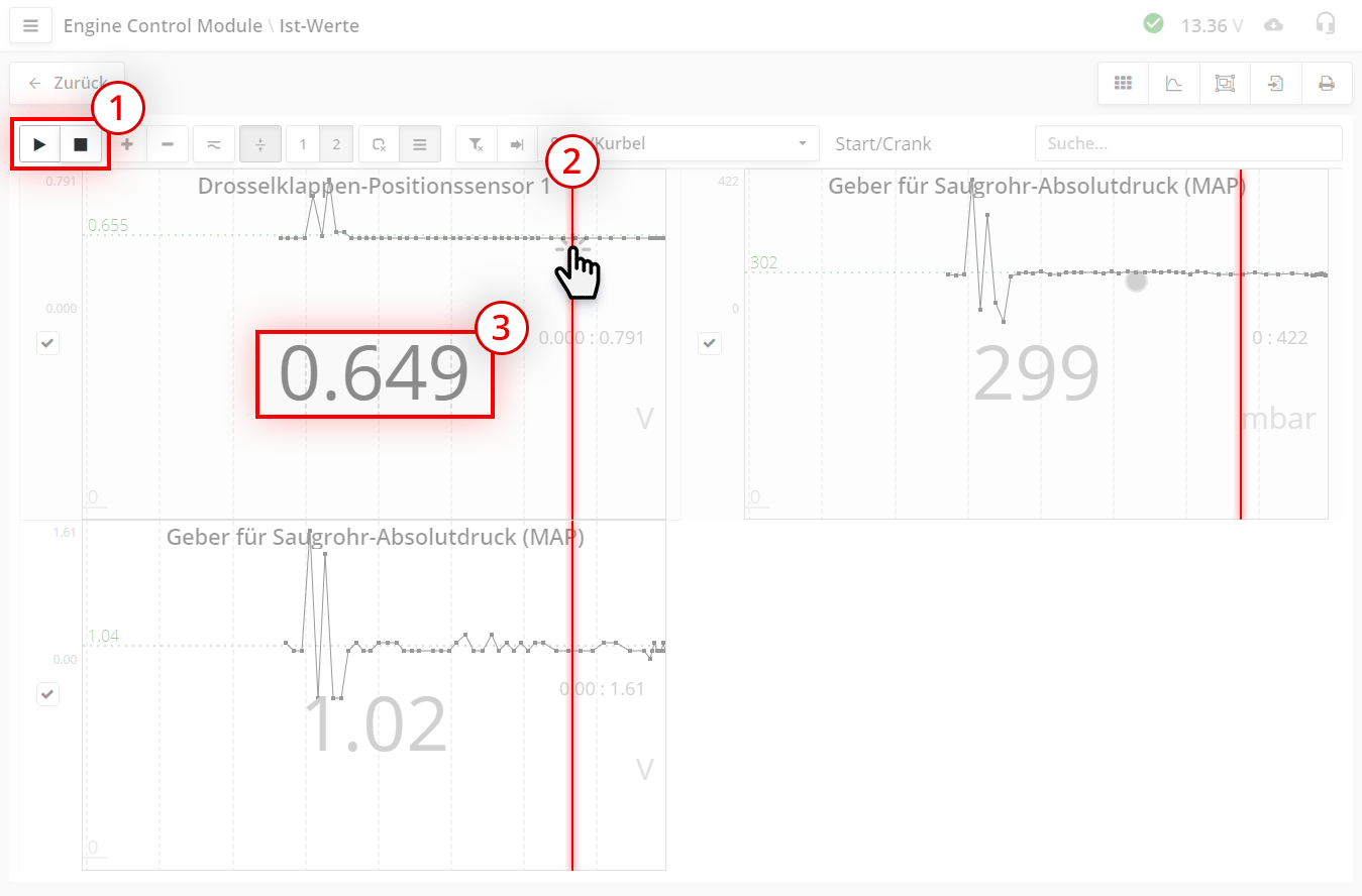 Datenstrom-Aufnahme anhalten, Messlineal einblenden