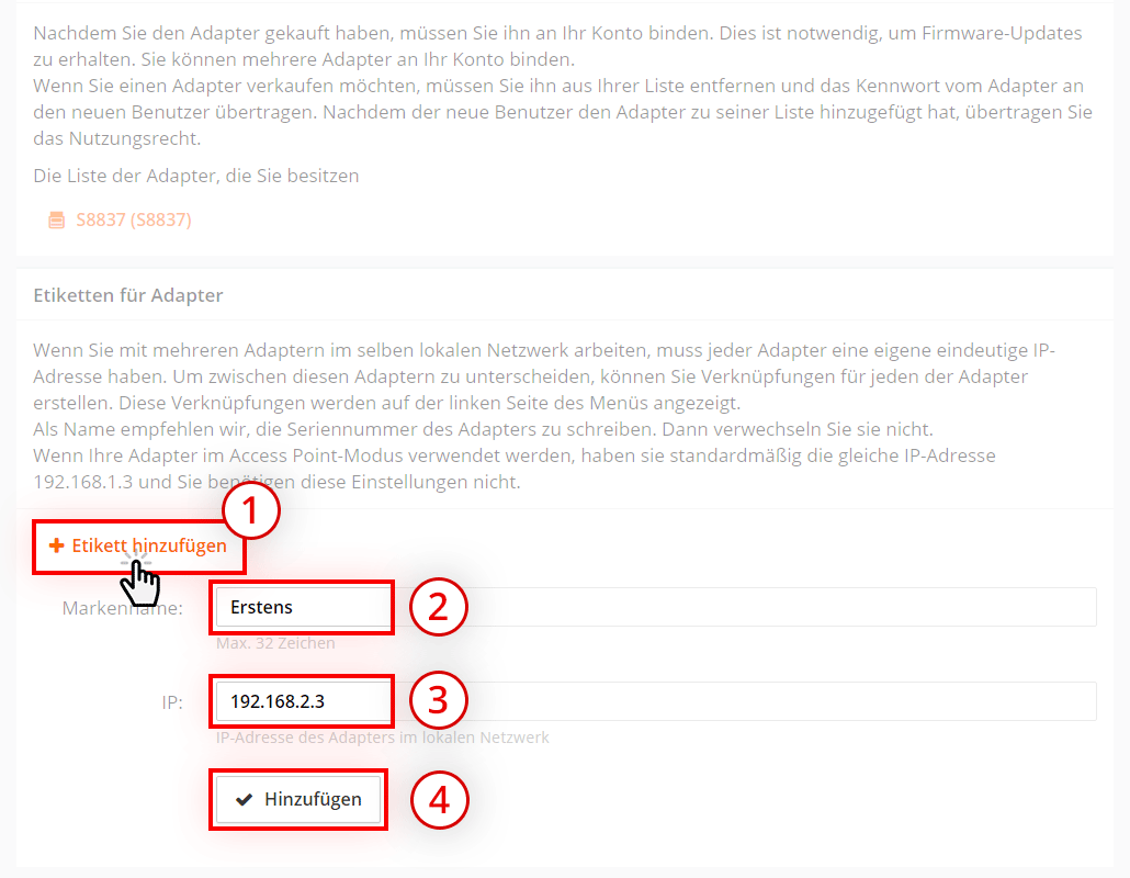 Bereich zur Erstellung von Adapter-Verknüpfungen